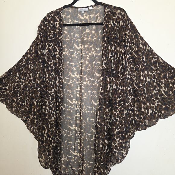 World Market Leopard Print Kimono Free Size Brown Tan Open Front Cover Up Sheer - Picture 2 of 9
